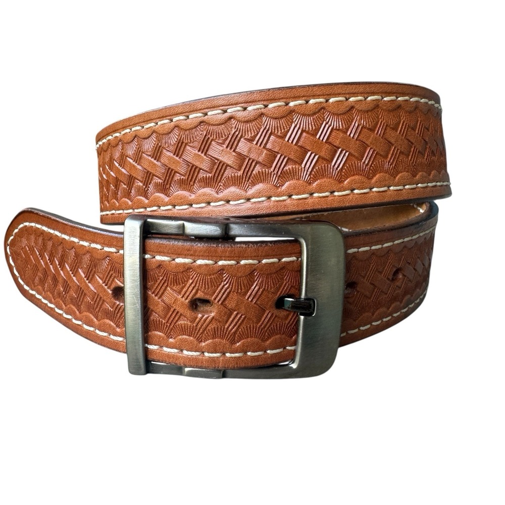 Vintage Hellweg Ranch Western Belt Men's 35-39 Inch Genuine Leather Brown Buckle